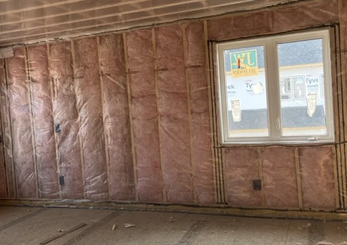 Pink fiberglass batt insulation installed with vapour barrier in a BC residential project — JEGO Walls & Ceilings