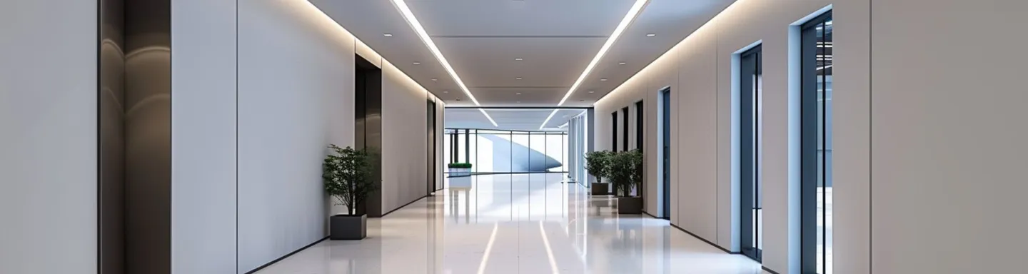 Turnkey finished commercial corridor — drywall, suspended ceiling, and painting by JEGO Walls & Ceilings