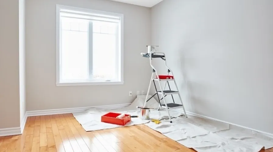 Freshly painted interior room with drop cloths and step ladder — JEGO painting crew, Victoria BC