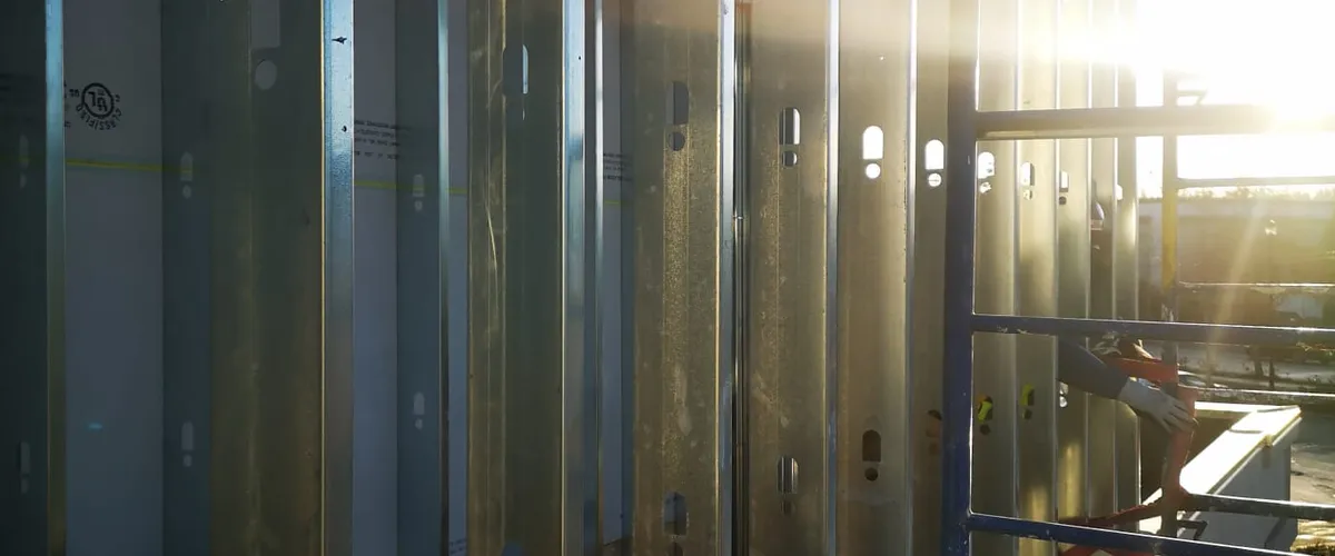 Steel framing and suspended ceiling grid under construction — commercial interior, BC